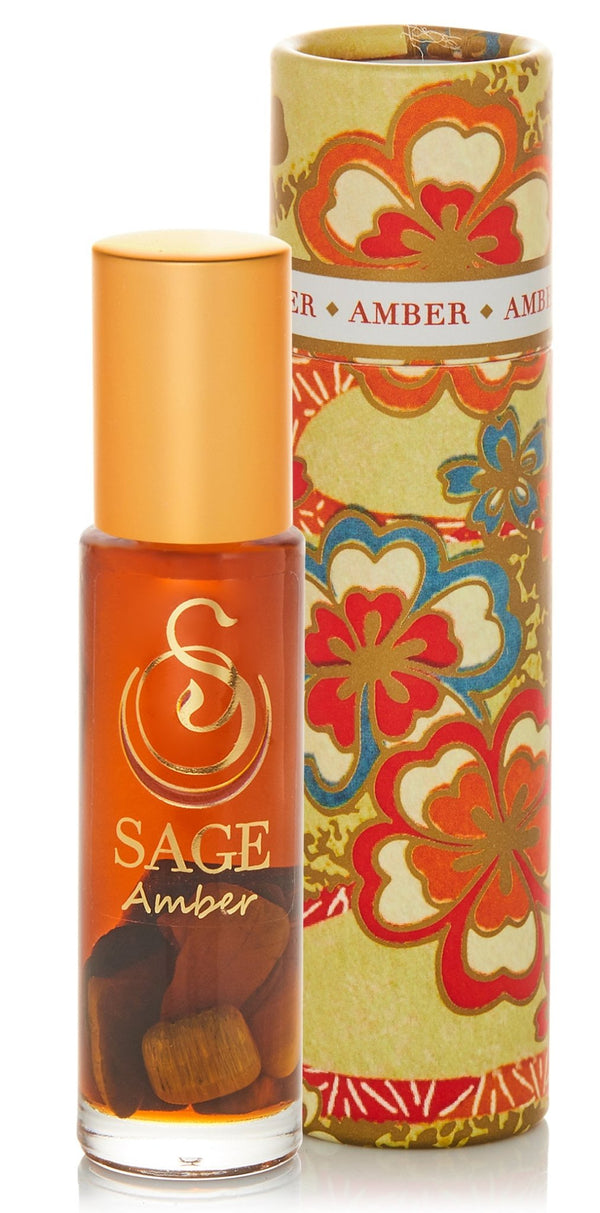 1/4 oz roll on Sage Amber Perfume Oil with gemstones in reusable box, earthy, Gender Neutral Vegan, Cruelty free fragrance