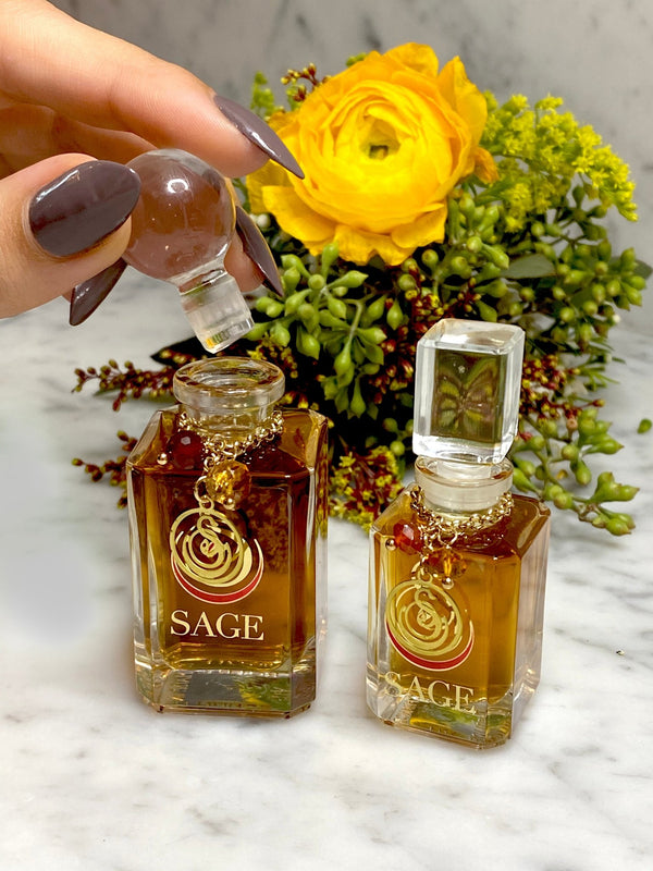  1/4 oz , 1/2  oz  Sage Amber &amp; Carelian perfume oil Vanity Bottles with gemstones, earthy, gender neutral, Vegan, Cruelty Free 