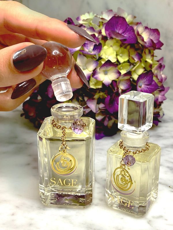 1/4 oz, 1/2 oz Sage Amethyst  Perfume Oil Vanity Bottles with gemstones, light floral, Gender Neutral, Vegan, and Cruelty Free 