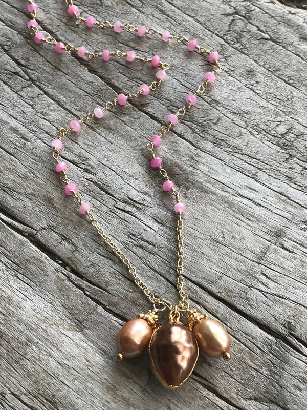 Bronze Fresh Water Pearl&amp; Pink Quartz Necklace By Sage Machado, Bronze Pearl &amp; Pink Quartz Gold Necklace - The Sage Lifestyle