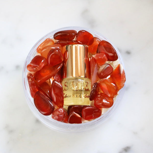 .03 oz Mini Roll on Carnelian Perfume Oil by Sage with gemstones, fruity,l Vegan, Cruelty-Free travel size scent