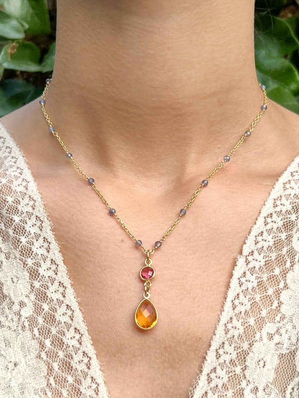 Citrine and Pink Hydro Quartz Double Drop Pear Shaped Pendant Necklace on Gold Chain with Iolite by Sage Machado - The Sage Lifestyle