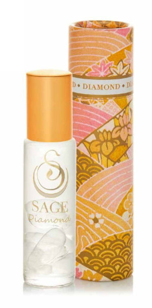 1/4 oz roll-on Sage Diamond Perfume Oil with gemstones, reusable box, subtle, gender neutral, vegan, cruelty-free fragrance