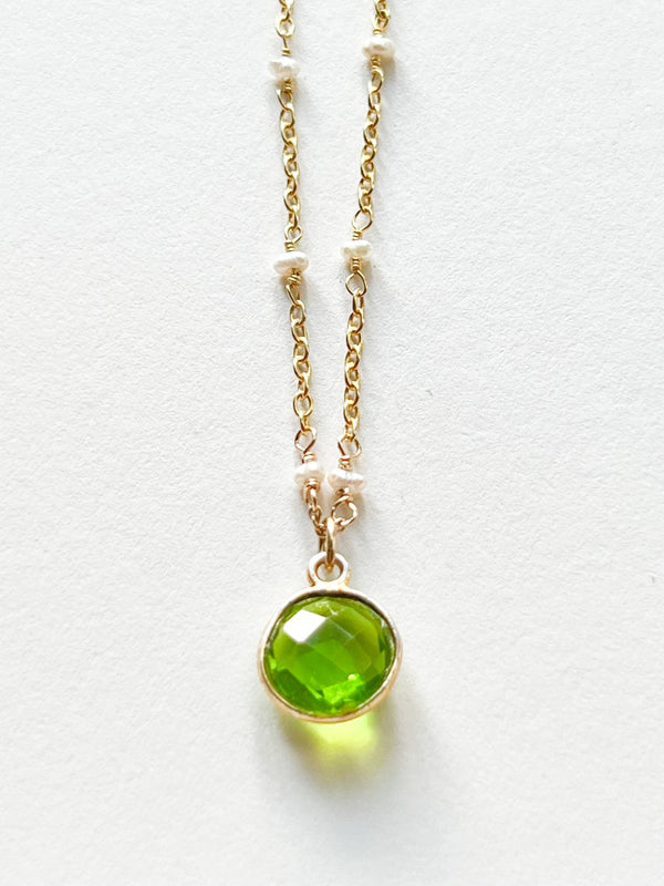 Green Hydro Quartz Round Charm Necklace on Gold Chain with White Freshwater Pearls by Sage Machado - The Sage Lifestyle