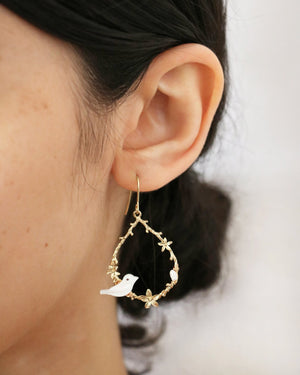 Large Mother of Pearl Songbird Floral Vine Teardrop Gold Earrings by Sage Machado - The Sage Lifestyle