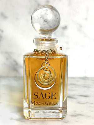 1/2 oz Sage Moonstone Perfume Oil Vanity Bottle with gemstones, light floral, Gender Neutral, Vegan and Cruelty Free scent