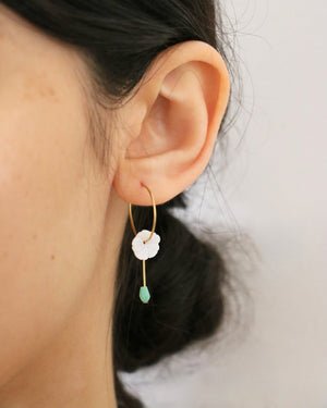 Mother of Pearl Flower Hoops with Green Hydro Quartz Drop Gold Earrings by Sage Machado - The Sage Lifestyle