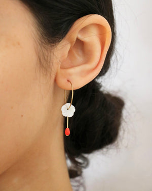 Mother of Pearl Flower Hoops with Red Hydro Quartz Drop Gold Earrings by Sage Machado - The Sage Lifestyle