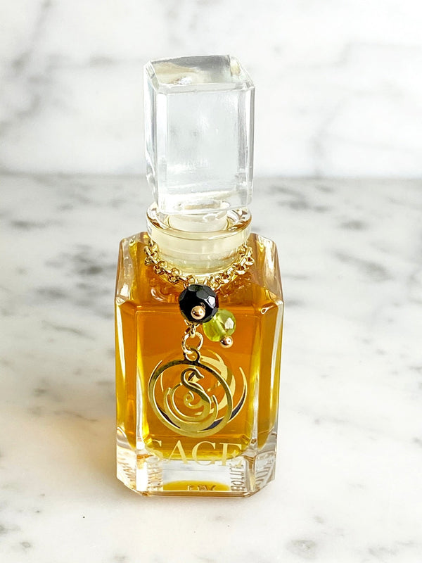 1/4 oz Sage Onyx Peridot  Perfume Oil Glass Vanity Bottle with gemstones, Earthy Gender Neutral Vegan, and Cruelty Free scent