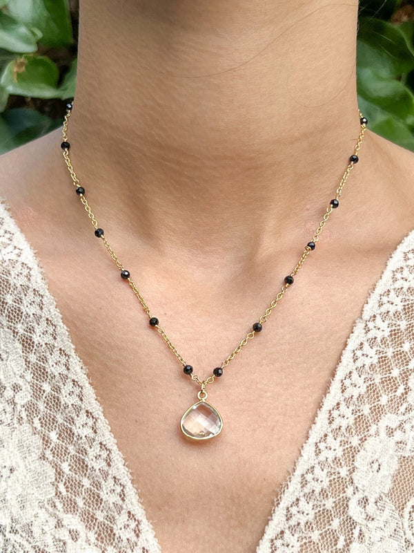 Rock Quartz Teardrop Charm Necklace on Gold Chain with Black Onyx by Sage Machado - The Sage Lifestyle