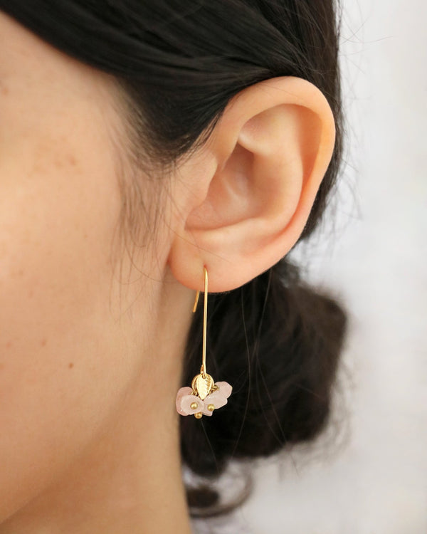 Rose Quartz Long Cluster Drop Gold Earrings by Sage Machado - The Sage Lifestyle