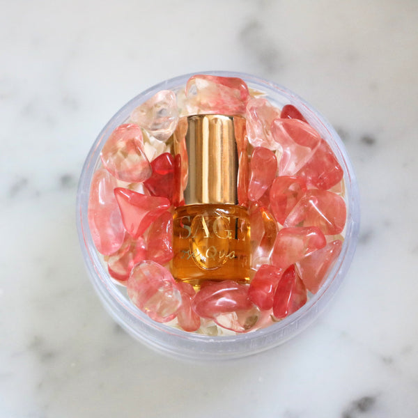 .03 oz Mini Roll on Sage Rose Quartz Perfume Oil with gemstones, Floral, Gender Neutral Vegan,Cruelty Free, travel perfume
