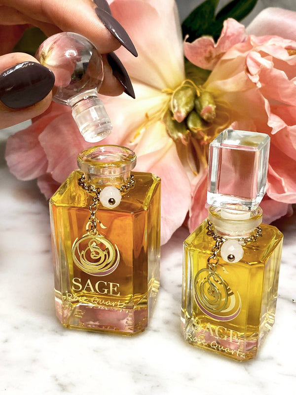 1/4 oz, 1/2 oz Sage Rose Quartz  Perfume Oil Vanity Bottles with gemstones, Floral, Gender Neutral, Vegan, Cruelty free