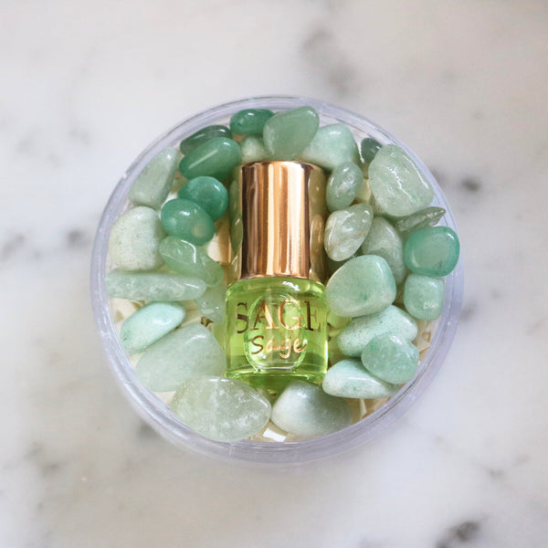 .03 oz Mini Roll on Sage Perfume Oil by Sage Machado, with gemstones, fresh, Gender Neutral, Vegan, Cruelty Free, travel size