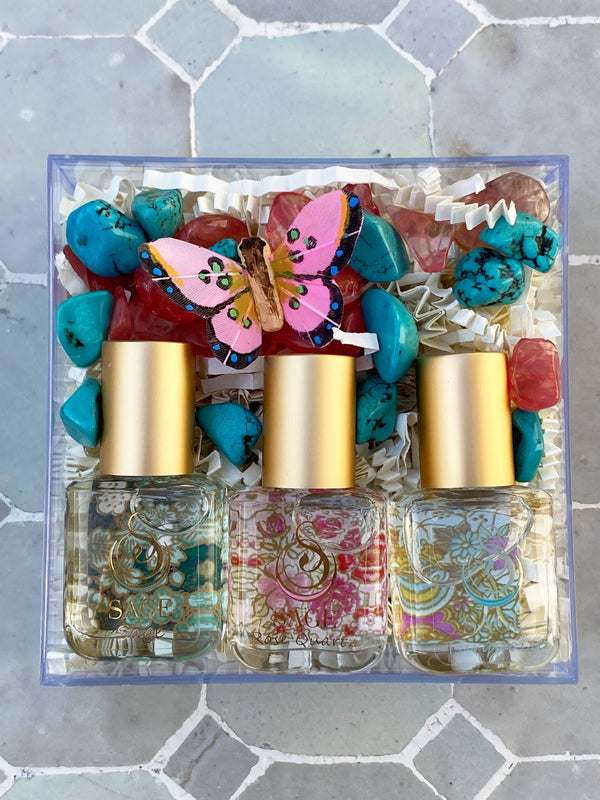 1/4 oz Rose Quartz, Turquoise, Sage perfume oil extract roll ons, gift set in box, vegan cruelty-free, floral fragrances