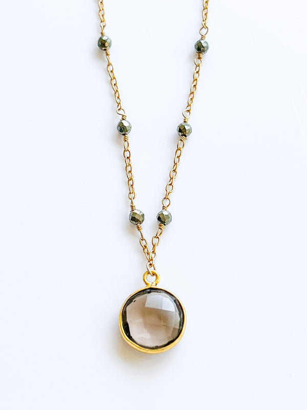 Smokey Topaz Charm Drop Necklace on Gold Chain with Golden Pyrite by Sage Machado - The Sage Lifestyle