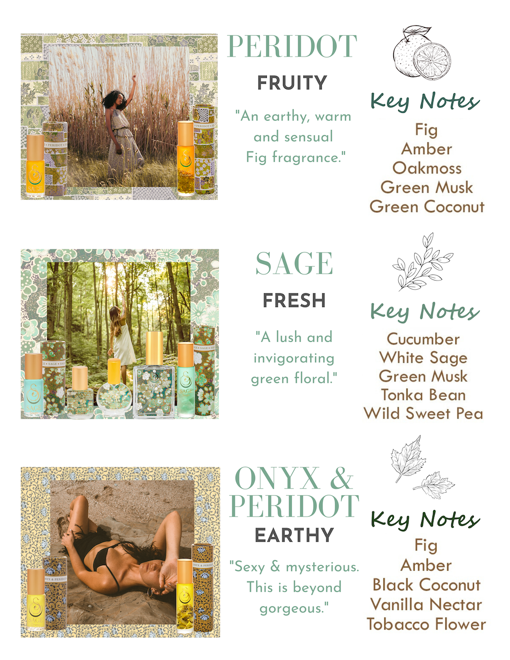 Sage, Peridot, and Onyx/Peridot Fragrance Notes