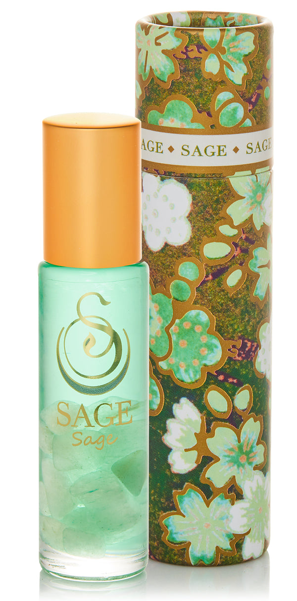 1/4 oz roll on Sage Perfume Oil by Sage with gemstones in reusable box, fresh, Gender-Neutral, Vegan, Cruelty free fragrance