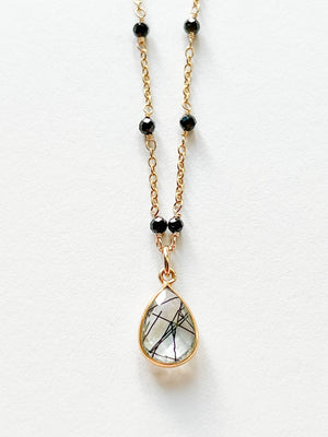 Tourmalated Quartz Teardrop Charm Necklace on Gold Chain with Black Onyx by Sage Machado - The Sage Lifestyle